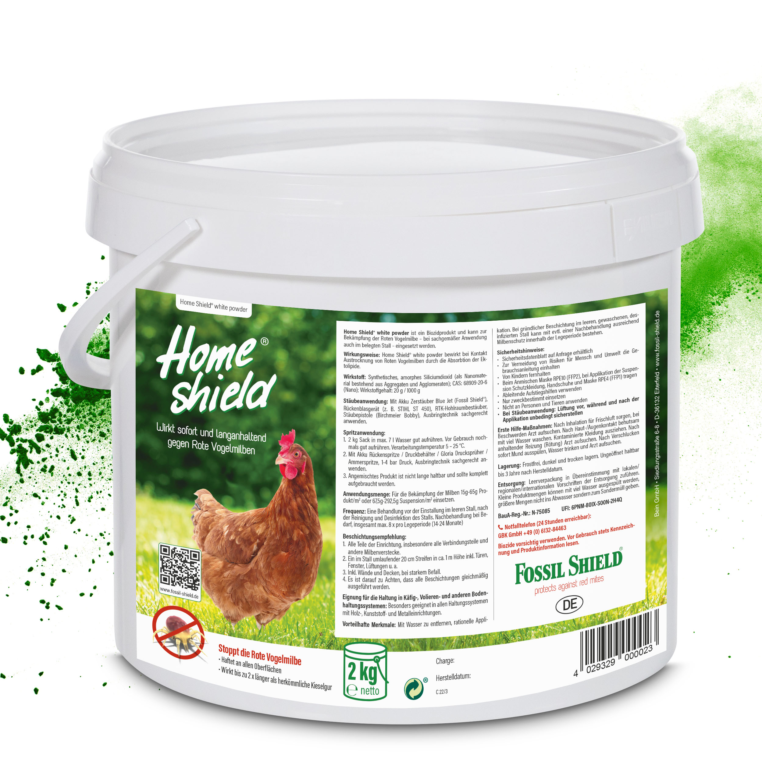 Eimer mit Biozidprodukt im Kampf gegen die rote Vogelmilbe im Hühnerstall für Milbenprophylaxe und Milbennachbehandlung