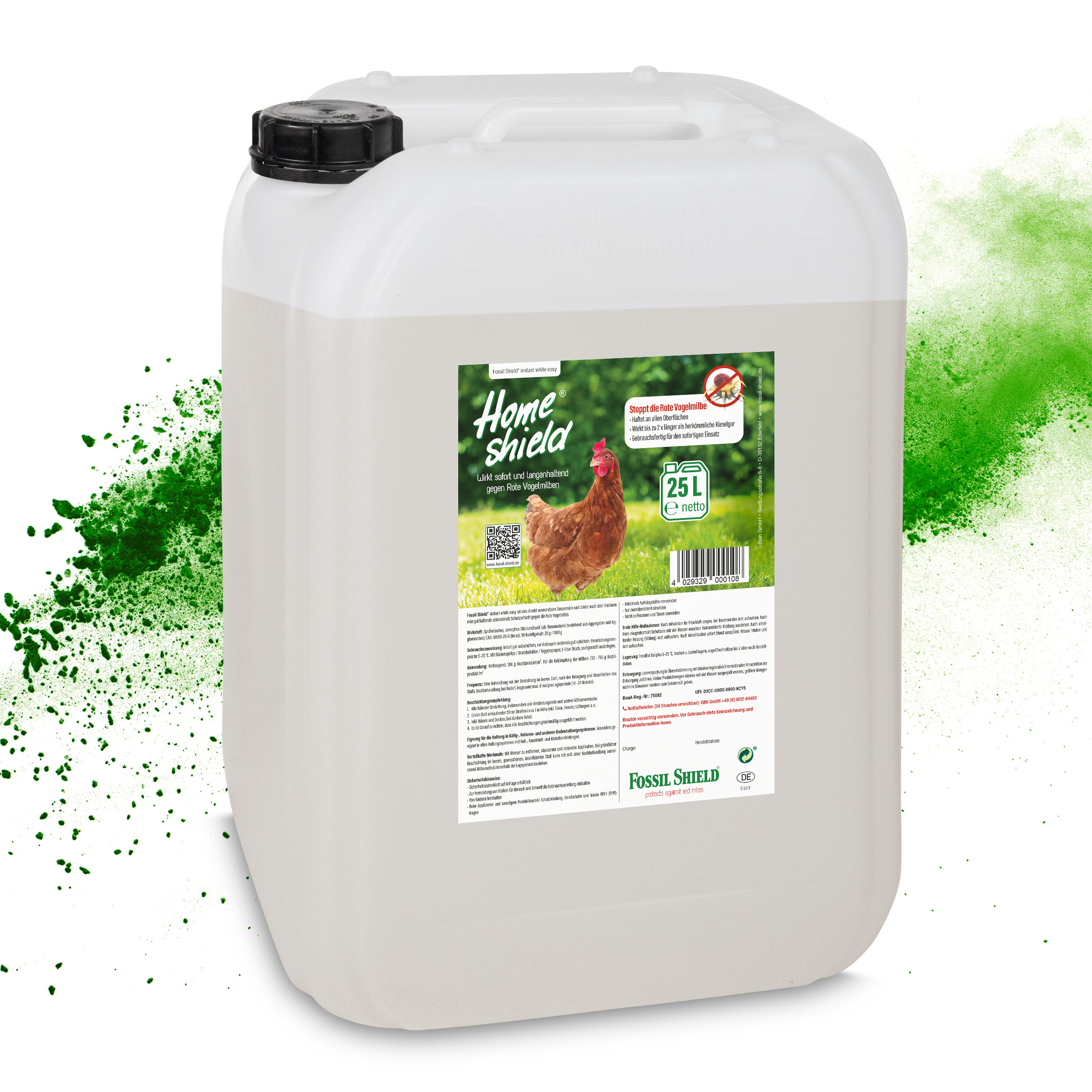 Kanister 25 Liter mit Biozidprodukt im Kampf gegen die rote Vogelmilbe im Hühnerstall für Milbenprophylaxe und Milbennachbehandlung